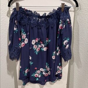 Iz Byer Navy Floral Off-Shoulder Blouse